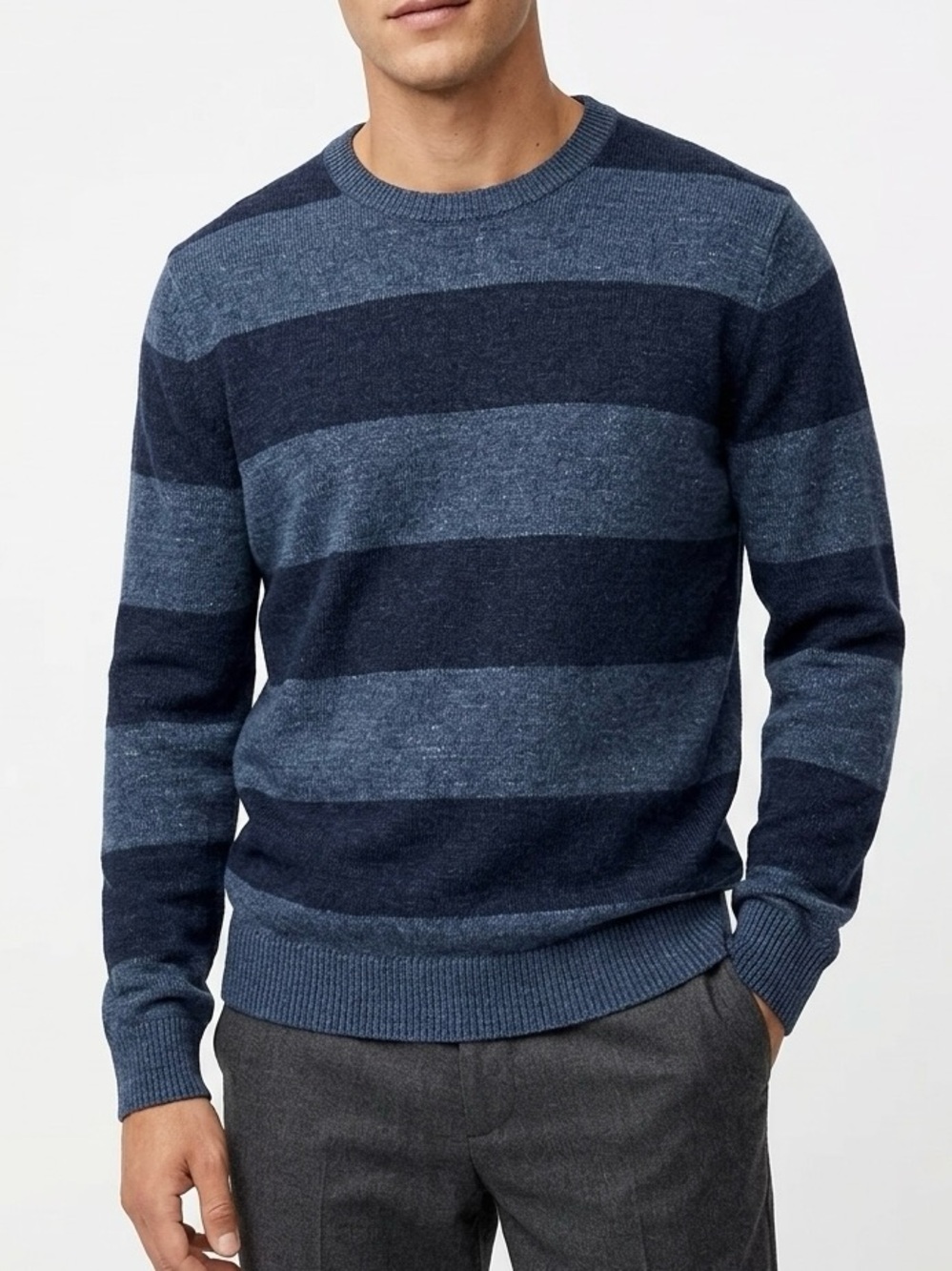 J.Crew Blue Striped Cotton Crewneck Knit Sweater L Modern Prep Elevated Casual